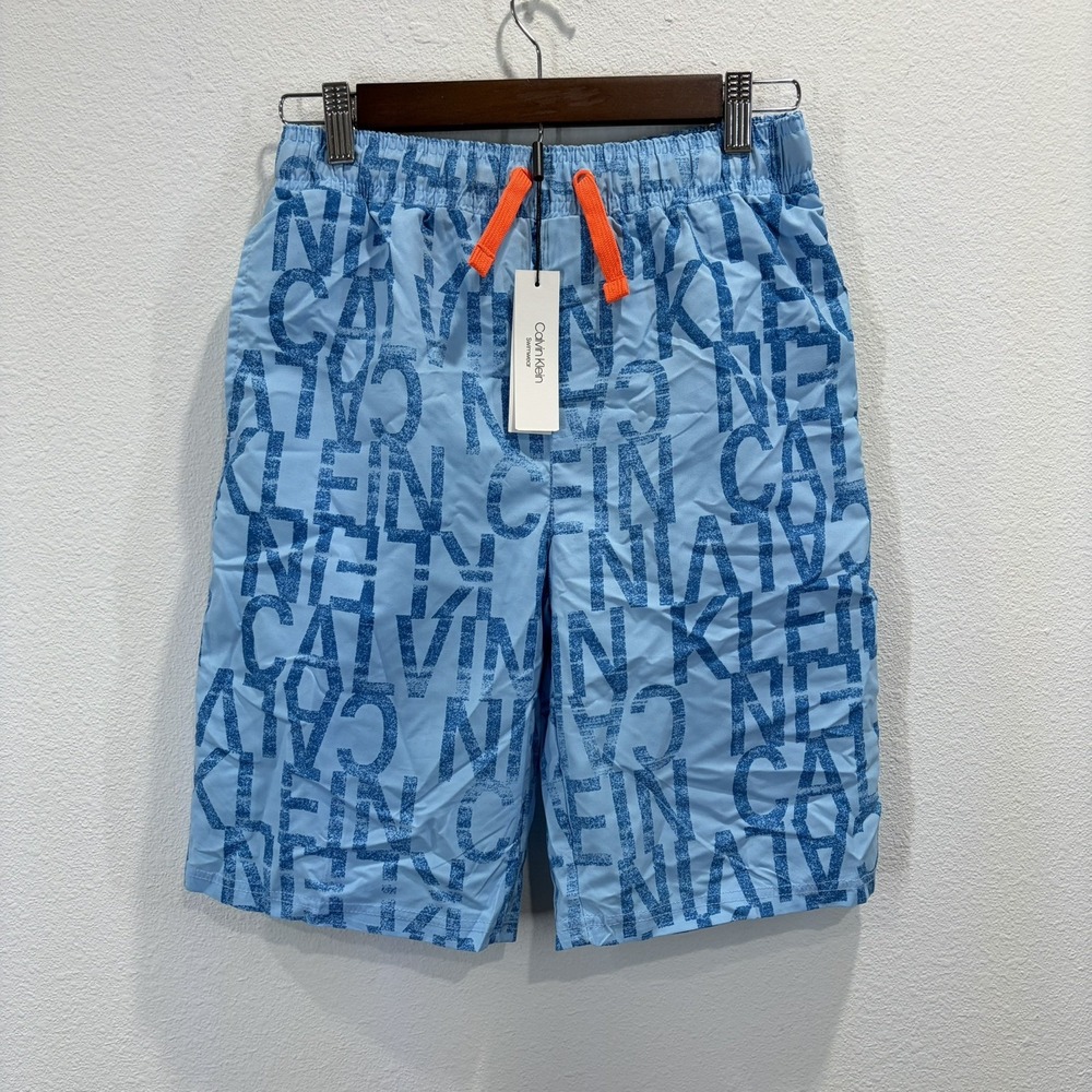 Calvin Klein Big Boys Logo Swim Trunks Neon Blue Size Large  14-16